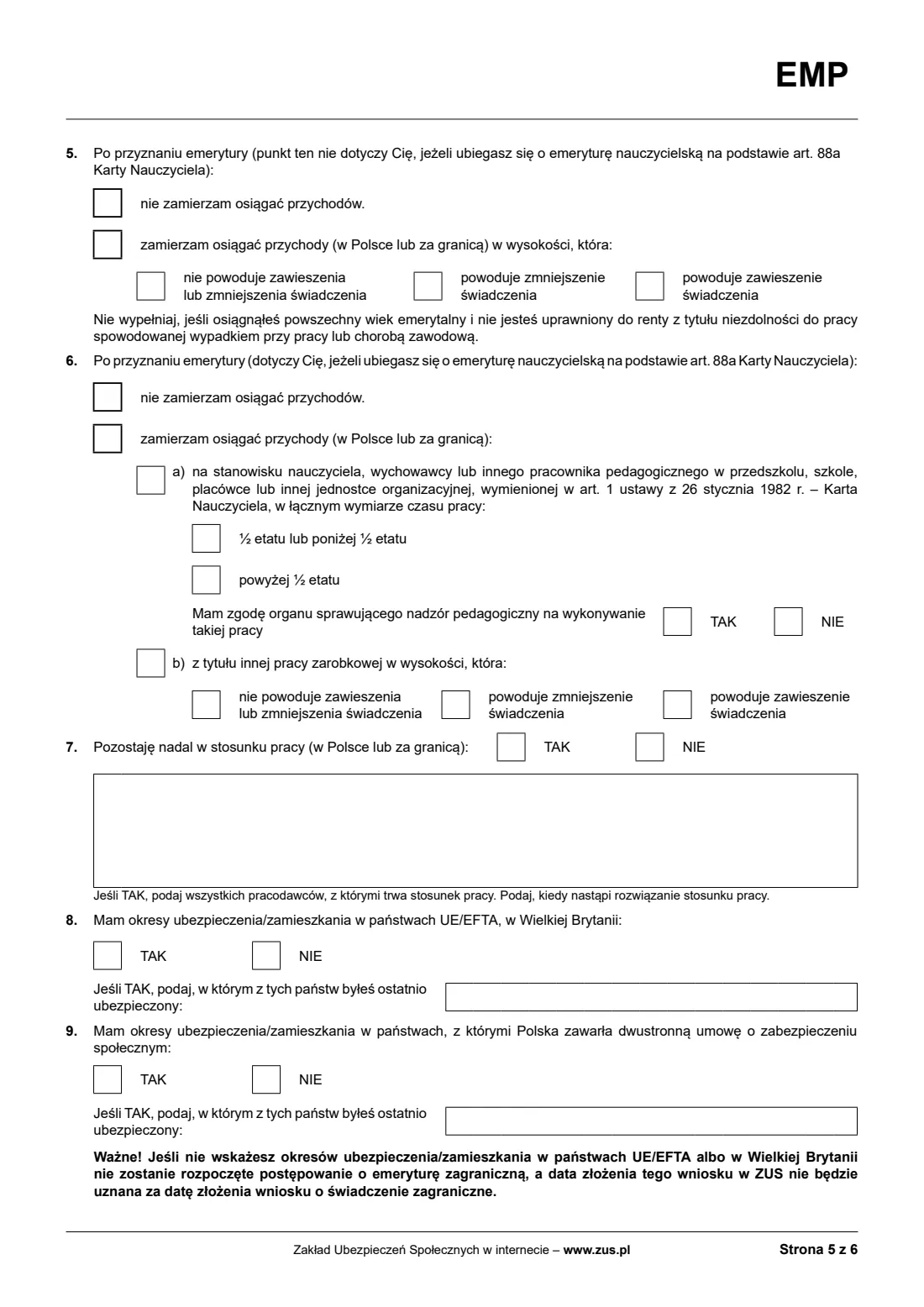 ZUS EMP / Rp-1E old-age pension claim (2026) Wniosek o emeryturę (EMP, dawniej ZUS Rp-1E) — page 5 of 6
