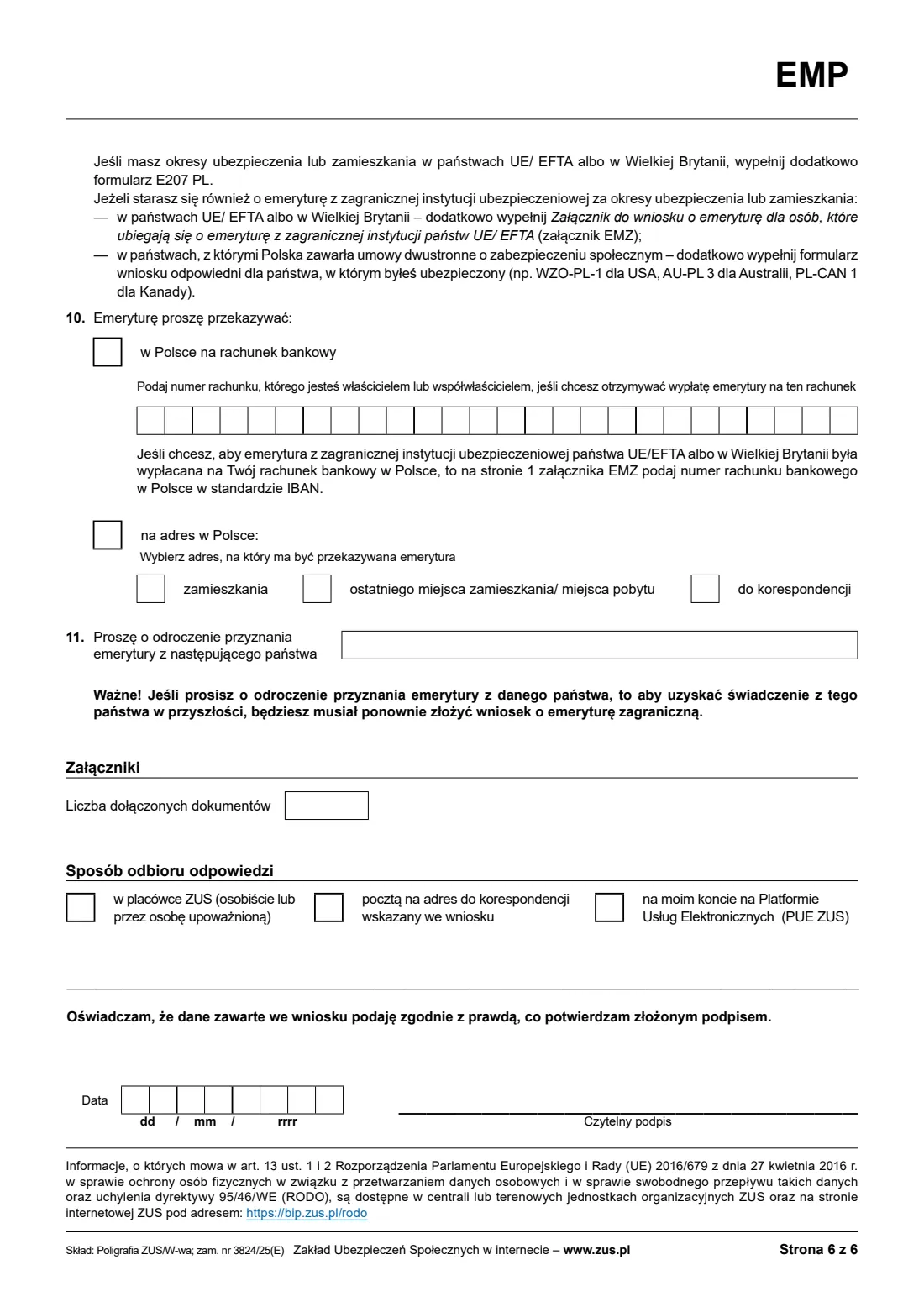ZUS EMP / Rp-1E old-age pension claim (2026) Wniosek o emeryturę (EMP, dawniej ZUS Rp-1E) — page 6 of 6