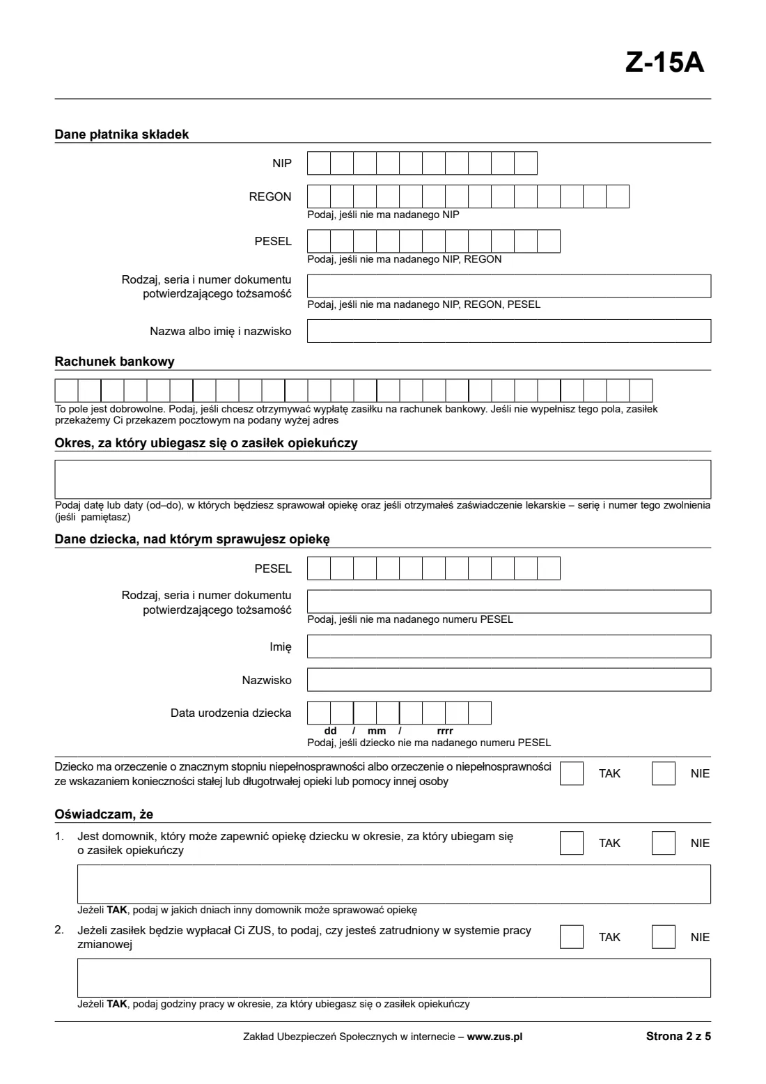 ZUS Z-15A childcare allowance claim (2026) Wniosek o zasiłek opiekuńczy z powodu sprawowania opieki nad dzieckiem (Z-15A) — page 2 of 9