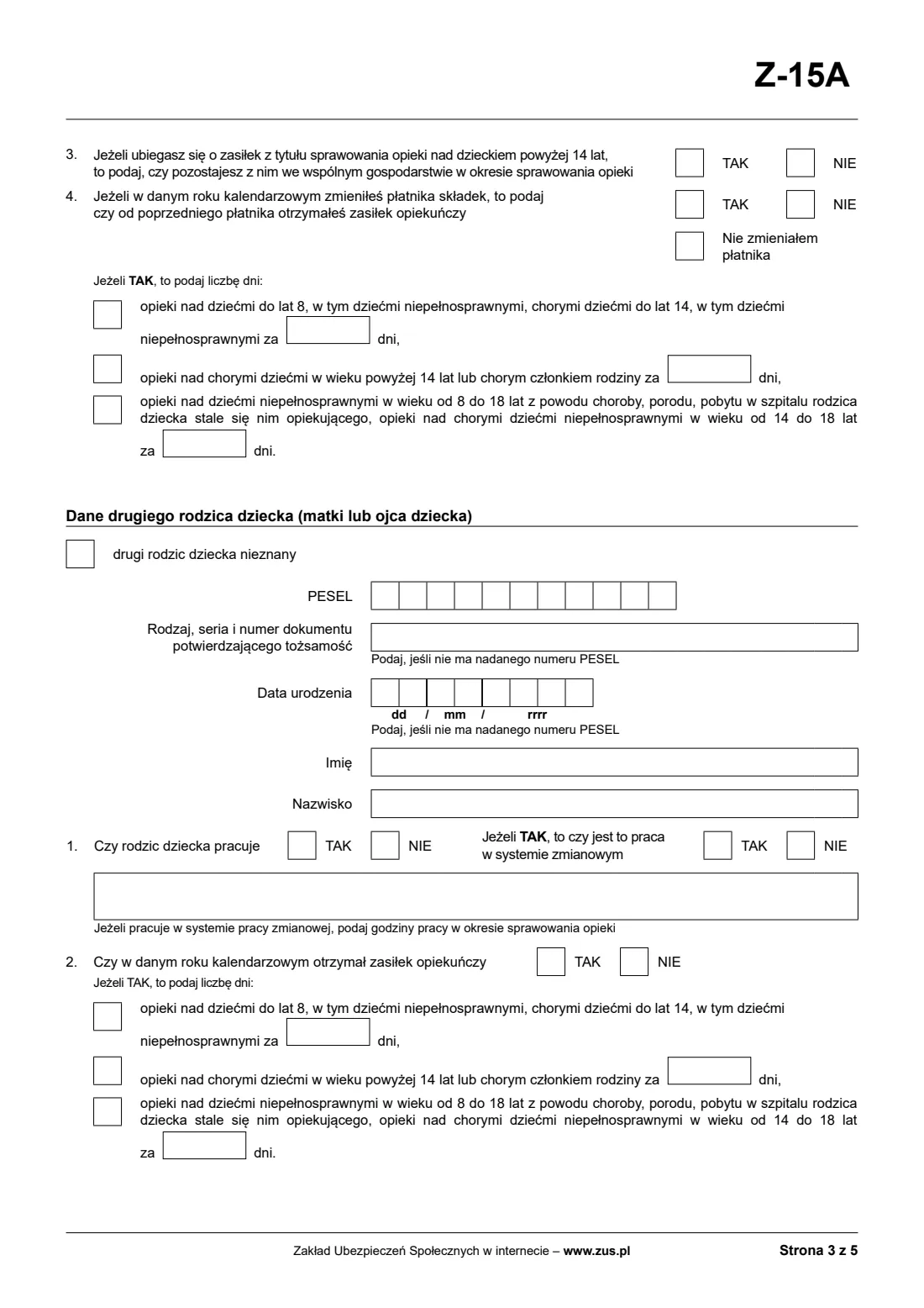ZUS Z-15A childcare allowance claim (2026) Wniosek o zasiłek opiekuńczy z powodu sprawowania opieki nad dzieckiem (Z-15A) — page 3 of 9