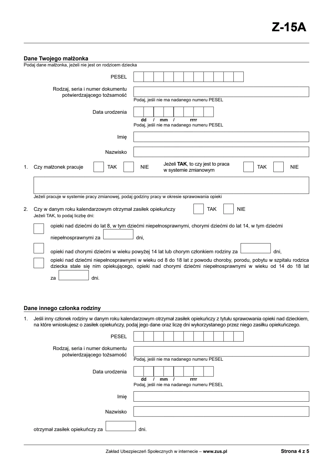 ZUS Z-15A childcare allowance claim (2026) Wniosek o zasiłek opiekuńczy z powodu sprawowania opieki nad dzieckiem (Z-15A) — page 4 of 9