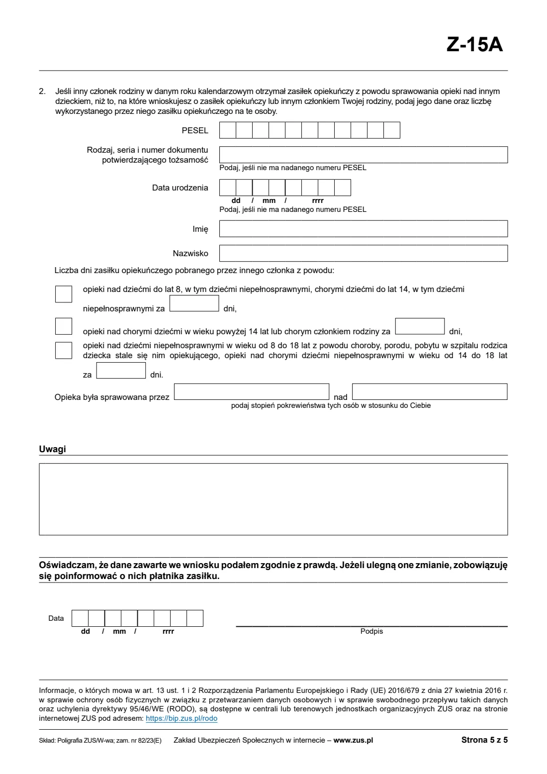 ZUS Z-15A childcare allowance claim (2026) Wniosek o zasiłek opiekuńczy z powodu sprawowania opieki nad dzieckiem (Z-15A) — page 5 of 9
