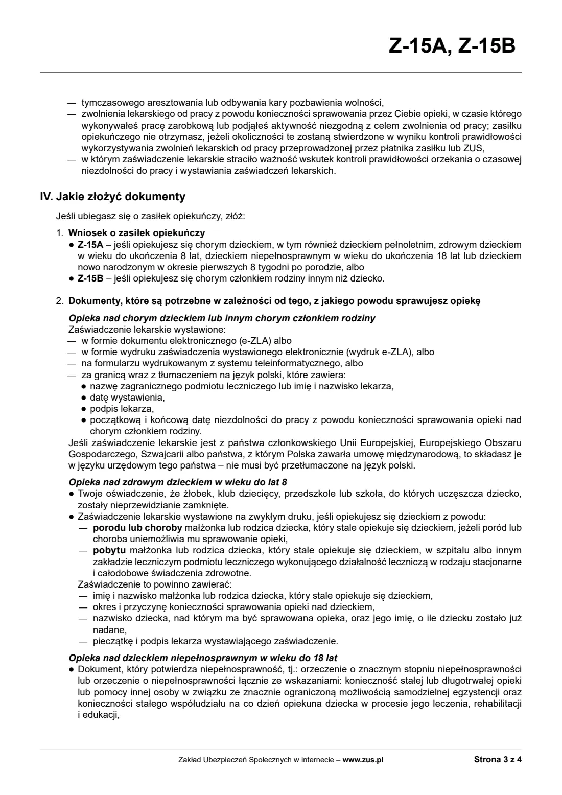 ZUS Z-15A childcare allowance claim (2026) Wniosek o zasiłek opiekuńczy z powodu sprawowania opieki nad dzieckiem (Z-15A) — page 8 of 9