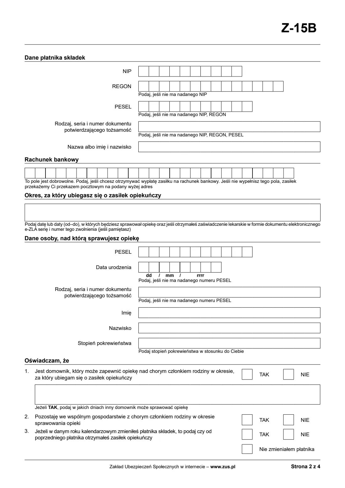 ZUS Z-15B care allowance claim for a sick family member (2026) Wniosek o zasiłek opiekuńczy z powodu sprawowania opieki nad chorym członkiem rodziny (Z-15B) — page 2 of 8