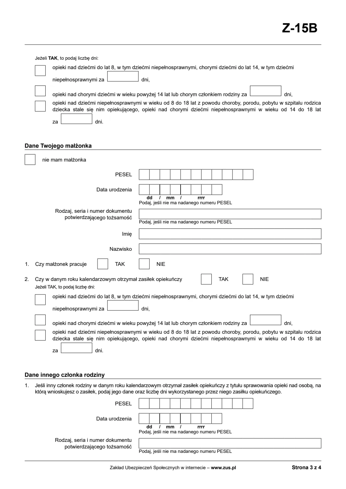 ZUS Z-15B care allowance claim for a sick family member (2026) Wniosek o zasiłek opiekuńczy z powodu sprawowania opieki nad chorym członkiem rodziny (Z-15B) — page 3 of 8