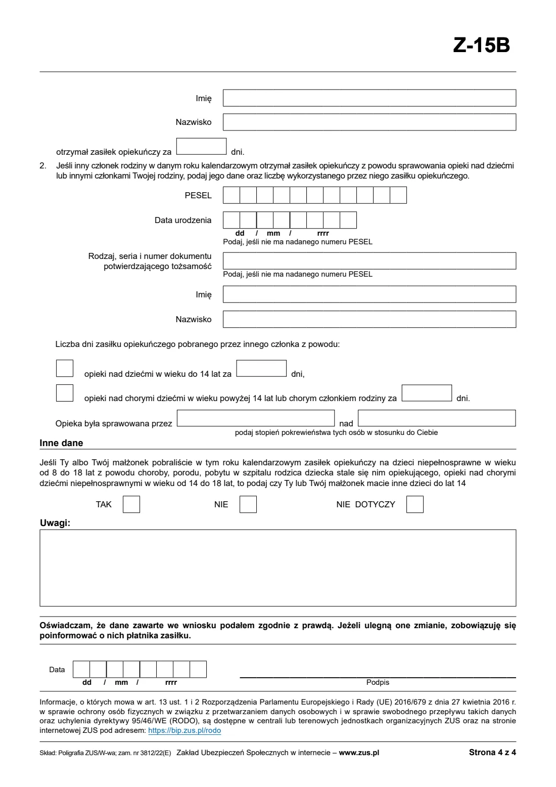 ZUS Z-15B care allowance claim for a sick family member (2026) Wniosek o zasiłek opiekuńczy z powodu sprawowania opieki nad chorym członkiem rodziny (Z-15B) — page 4 of 8
