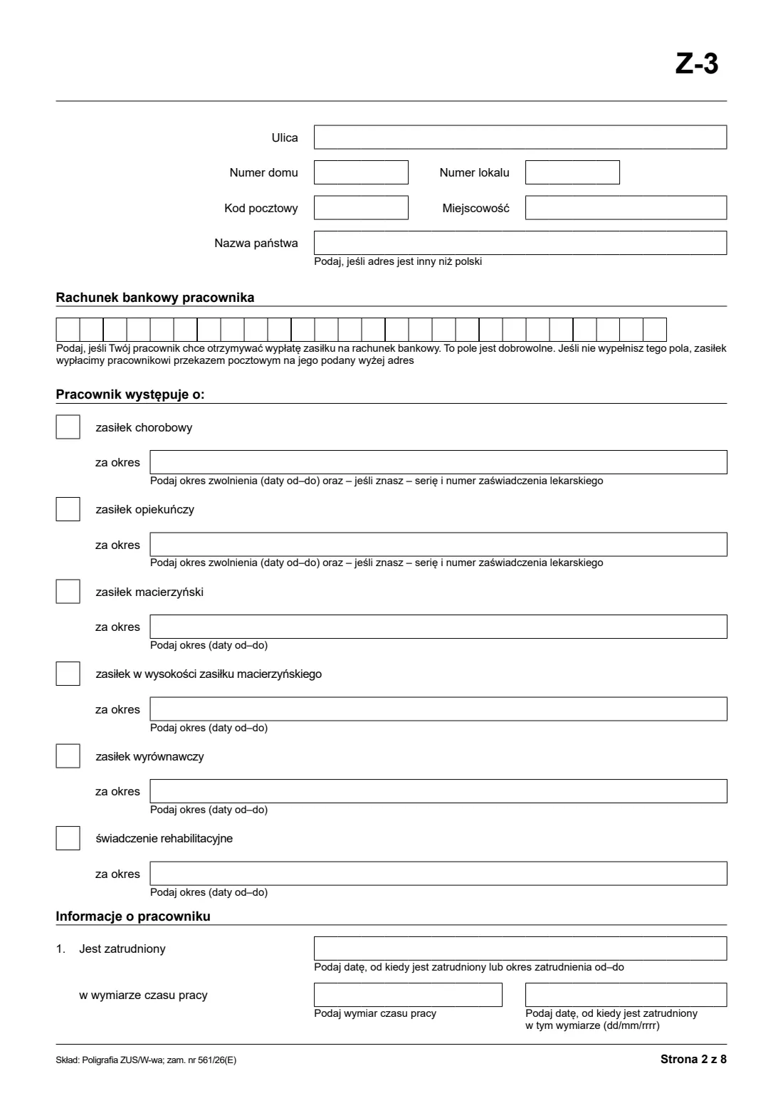 ZUS Z-3 employer's certificate for sickness and maternity benefits (2026) Zaświadczenie płatnika składek (Z-3) — page 2 of 8