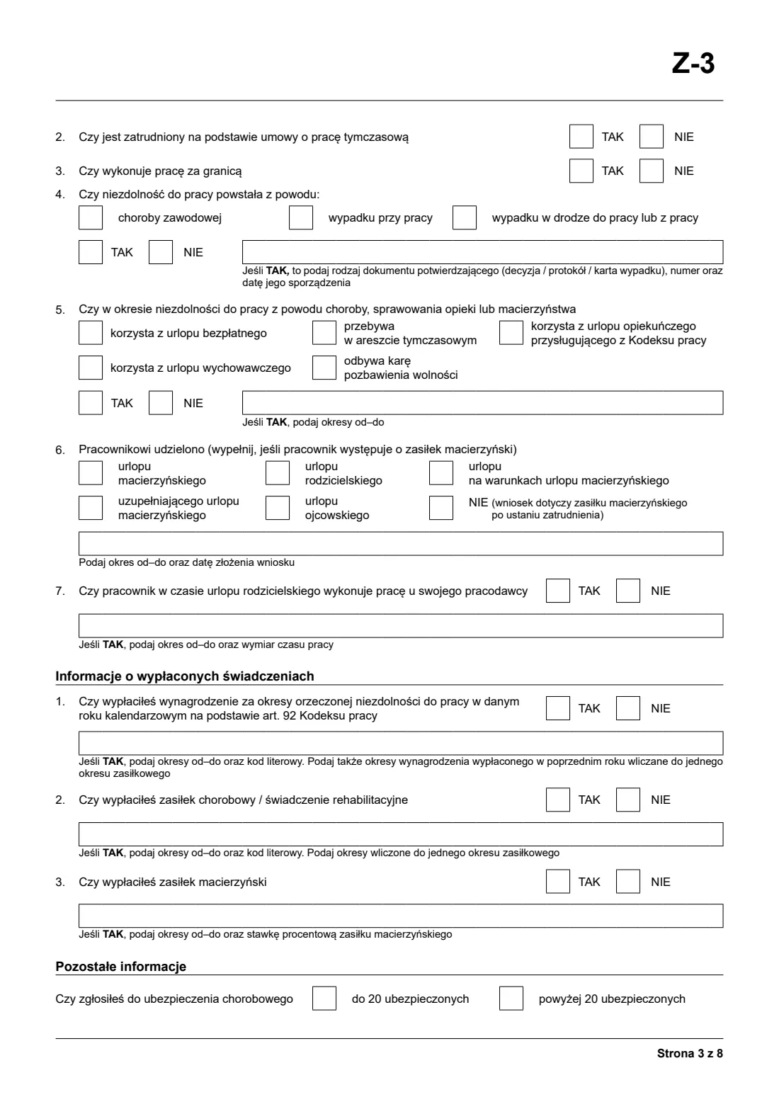 ZUS Z-3 employer's certificate for sickness and maternity benefits (2026) Zaświadczenie płatnika składek (Z-3) — page 3 of 8