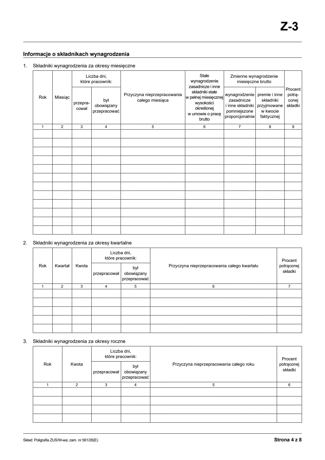 ZUS Z-3 employer's certificate for sickness and maternity benefits (2026) Zaświadczenie płatnika składek (Z-3) — page 4 of 8