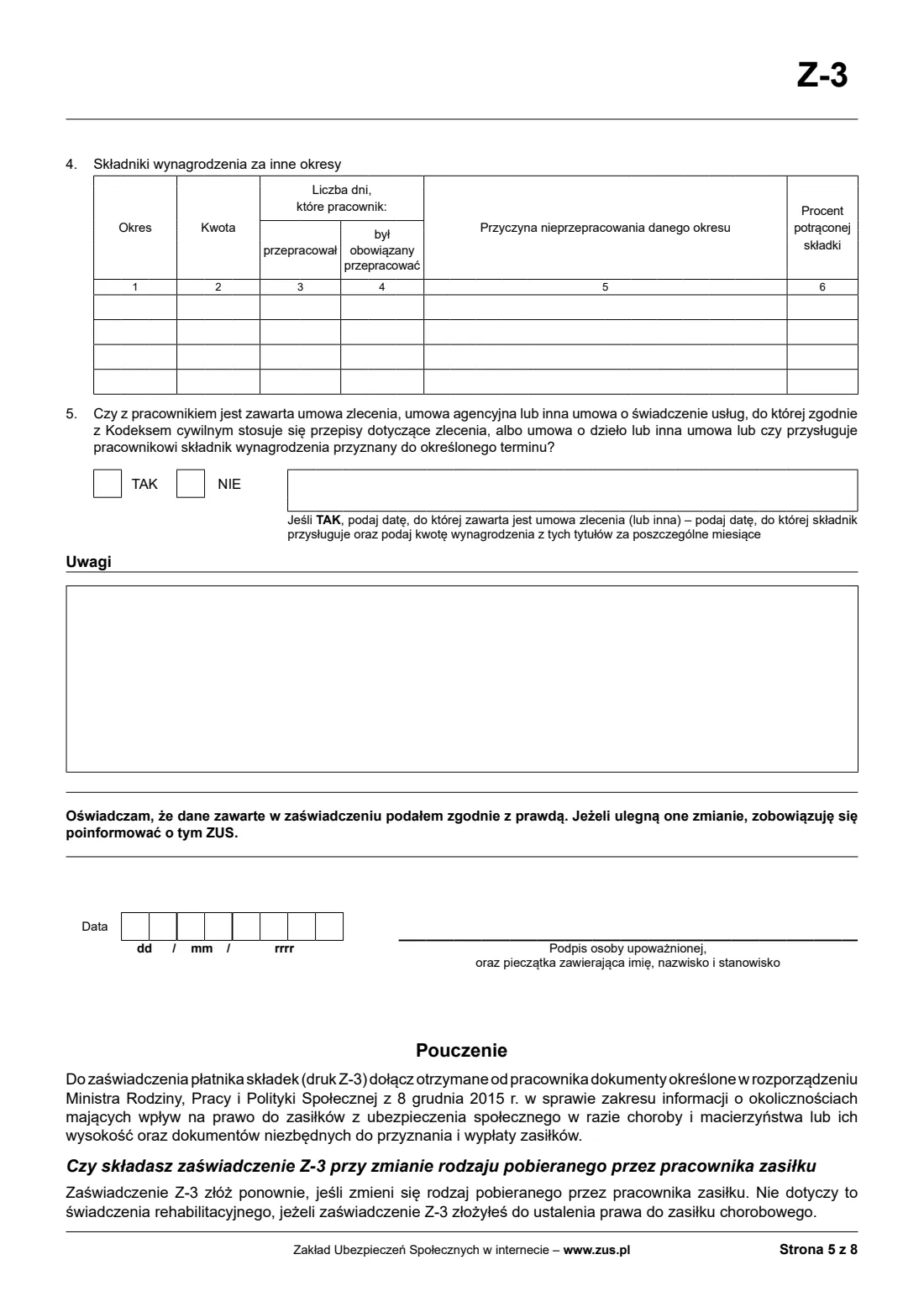 ZUS Z-3 employer's certificate for sickness and maternity benefits (2026) Zaświadczenie płatnika składek (Z-3) — page 5 of 8