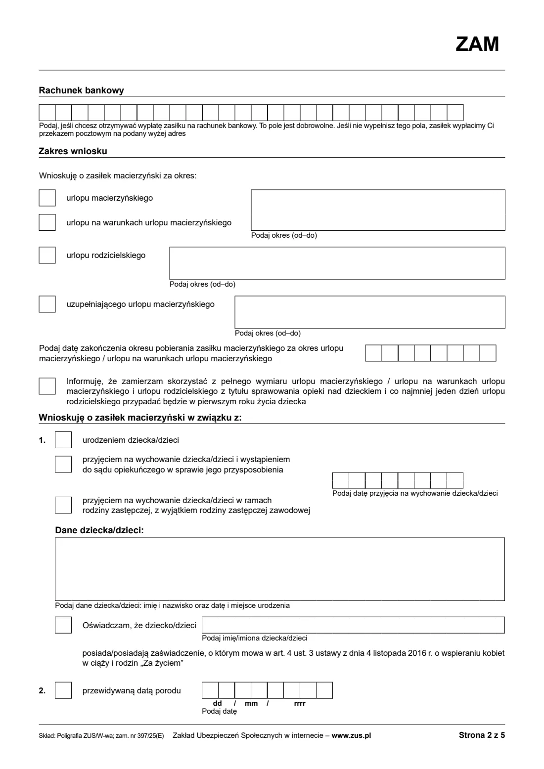 ZUS ZAM maternity allowance claim (2025) Application for maternity allowance (Wniosek o zasiłek macierzyński, ZAM) — page 2 of 5