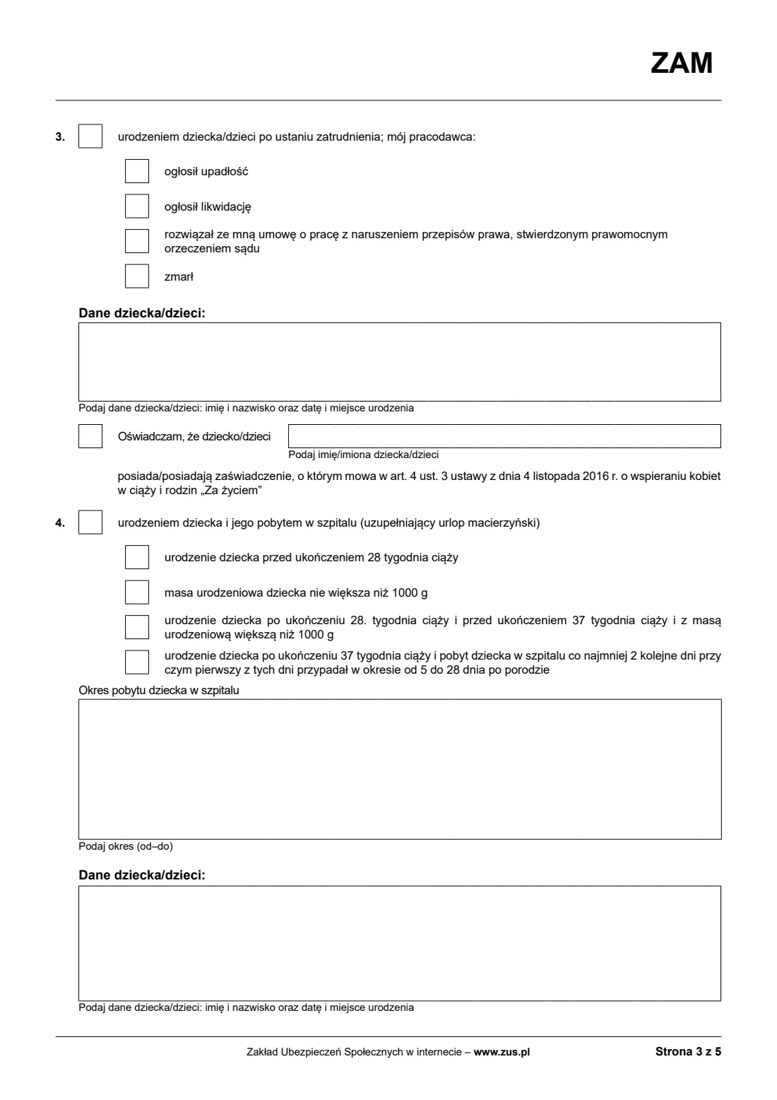 ZUS ZAM maternity allowance claim (2025) Application for maternity allowance (Wniosek o zasiłek macierzyński, ZAM) — page 3 of 5