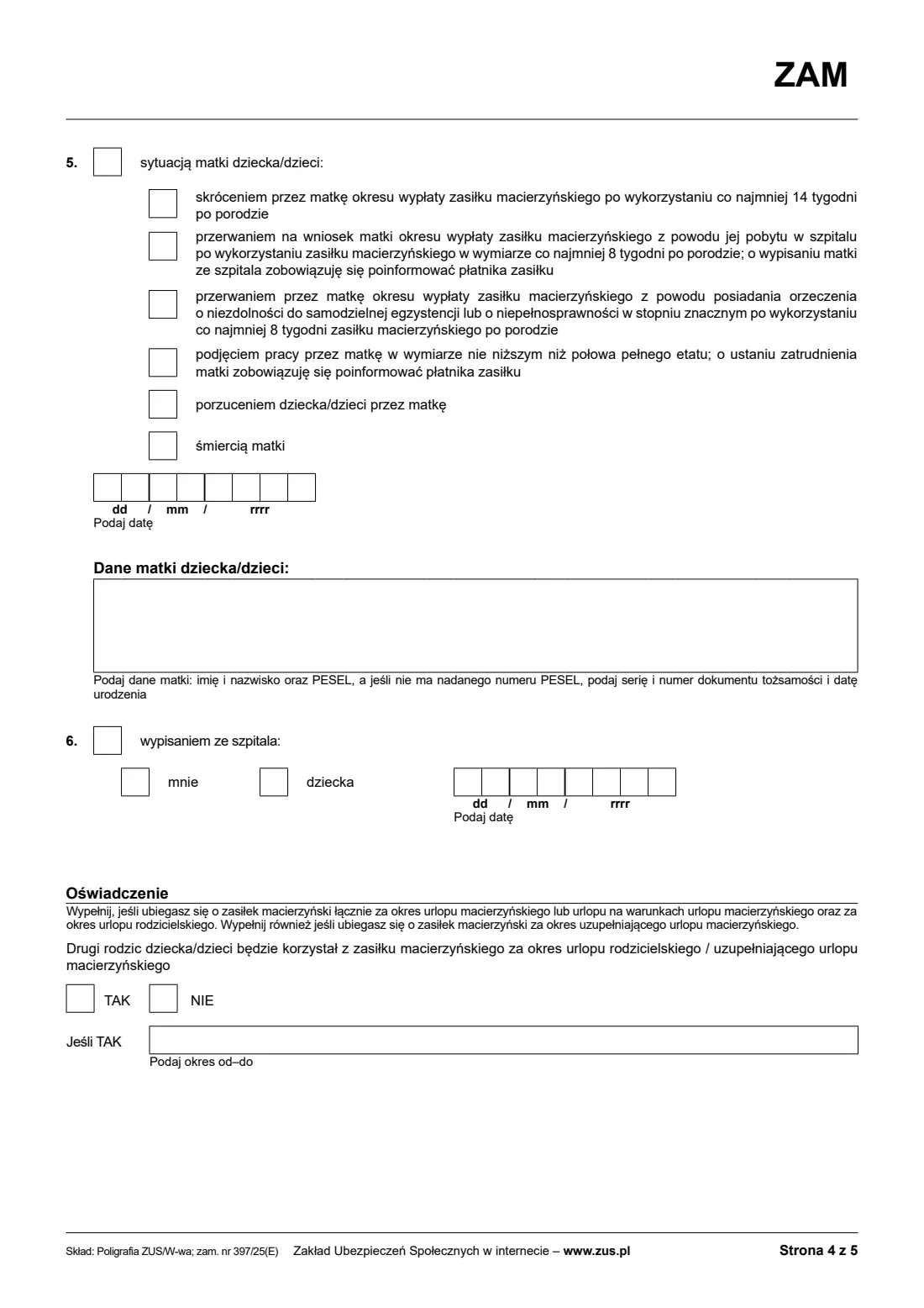 ZUS ZAM maternity allowance claim (2025) Application for maternity allowance (Wniosek o zasiłek macierzyński, ZAM) — page 4 of 5