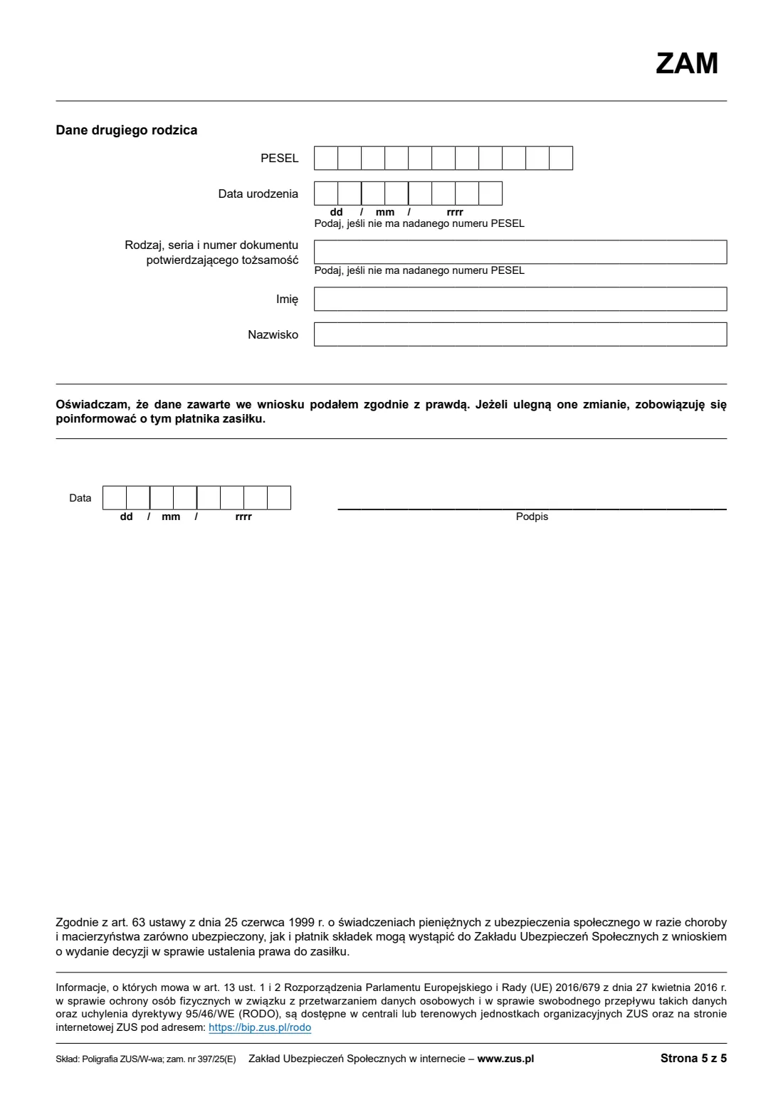 ZUS ZAM maternity allowance claim (2025) Application for maternity allowance (Wniosek o zasiłek macierzyński, ZAM) — page 5 of 5