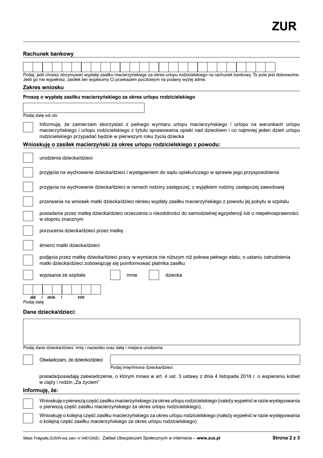 ZUS ZUR parental leave allowance claim (2024) Application for maternity allowance during parental leave (Wniosek o zasiłek macierzyński za okres urlopu rodzicielskiego, ZUR) — page 2 of 3