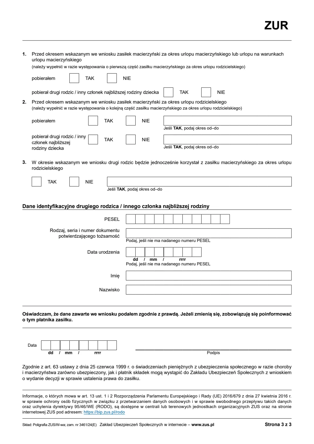ZUS ZUR parental leave allowance claim (2024) Application for maternity allowance during parental leave (Wniosek o zasiłek macierzyński za okres urlopu rodzicielskiego, ZUR) — page 3 of 3