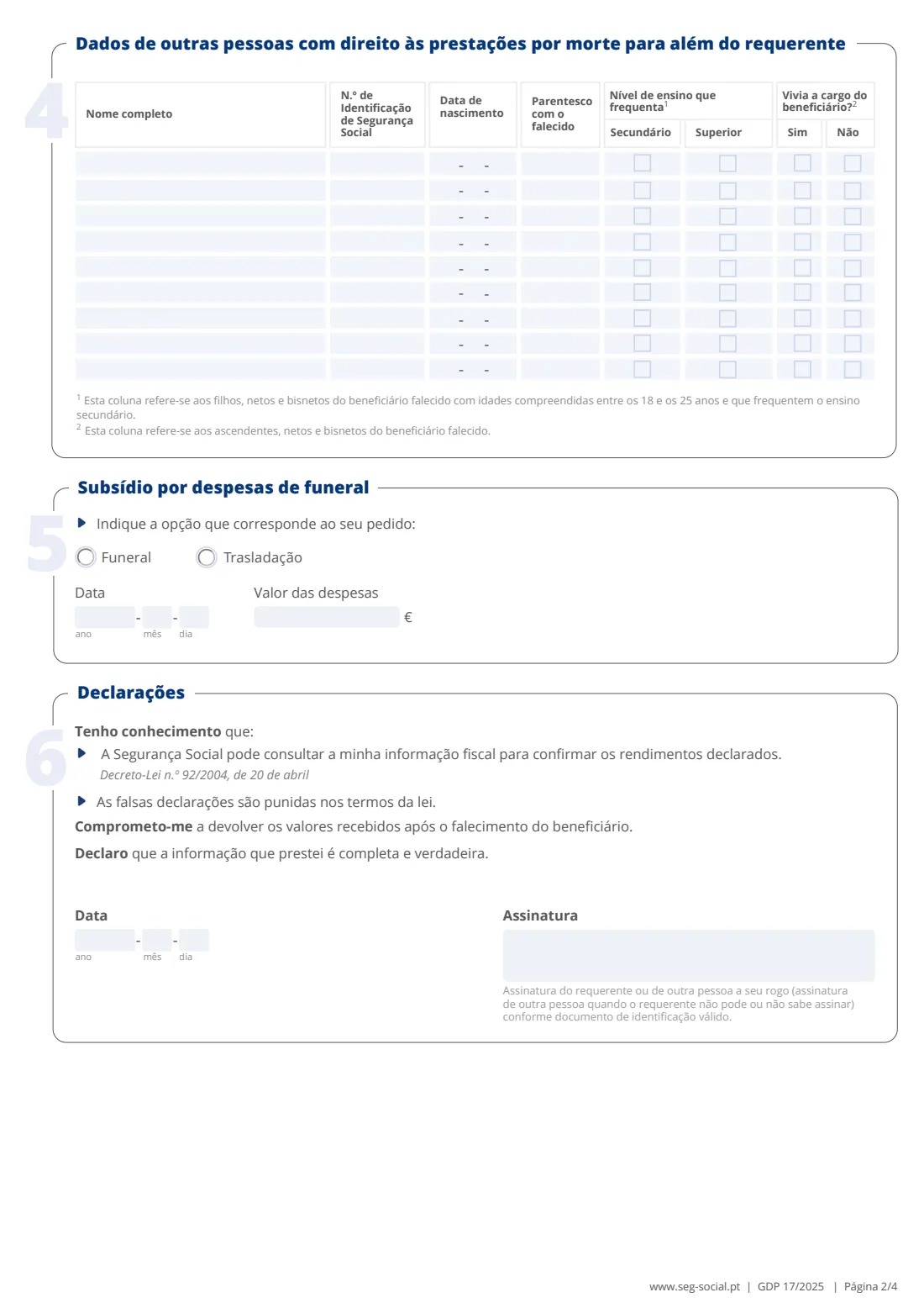 GDP 17 death benefits (occupational disease) (2025) Application for death benefits: survivor's pension, death grant and funeral expenses allowance (Requerimento de Prestações por Morte — Pensão por Morte, Subsídio por Morte, Subsídio por Despesas de Funeral, GDP 17) — page 2 of 4