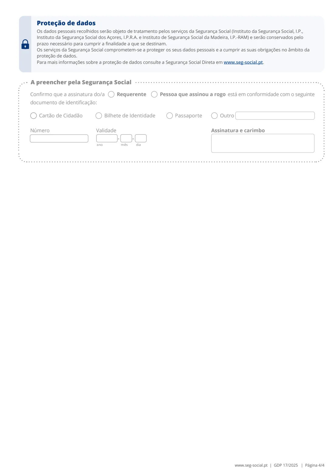 GDP 17 death benefits (occupational disease) (2025) Application for death benefits: survivor's pension, death grant and funeral expenses allowance (Requerimento de Prestações por Morte — Pensão por Morte, Subsídio por Morte, Subsídio por Despesas de Funeral, GDP 17) — page 4 of 4