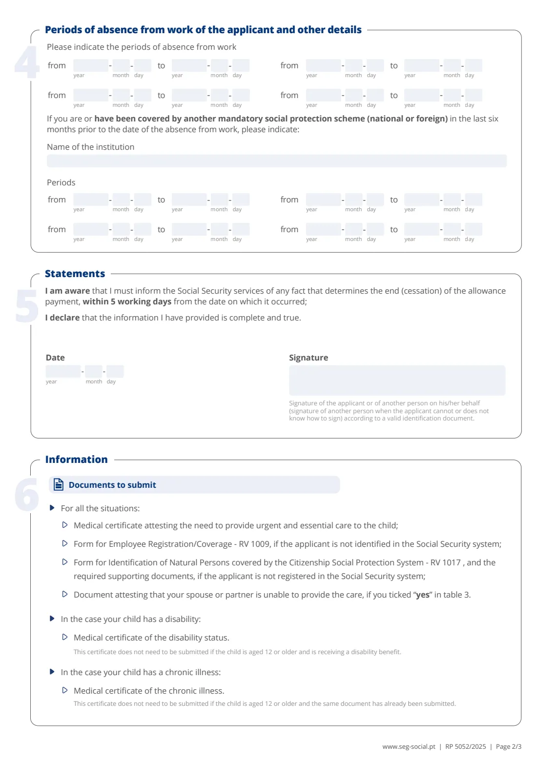 RP 5052 childcare allowance (2025) Application for the Childcare Allowance (RP 5052) — Social Protection in Parenting — page 2 of 3