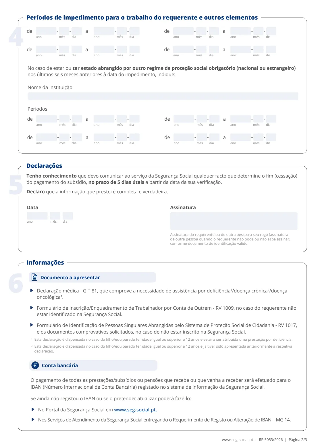 RP 5053 care allowance for a child with a disability, chronic illness or cancer (2026) Application for the allowance to care for a child with a disability, chronic illness or cancer (Requerimento de Subsídio para Assistência a Filho/Equiparado com Deficiência, Doença Crónica ou Doença Oncológica, RP 5053) — page 2 of 3