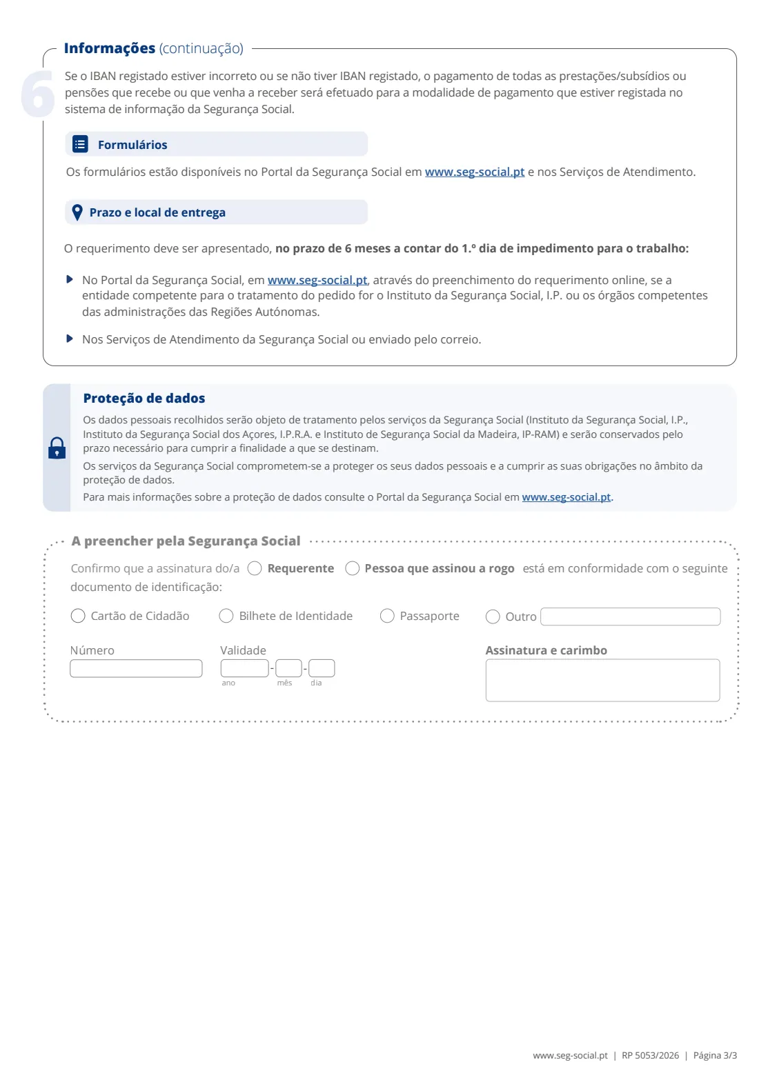 RP 5053 care allowance for a child with a disability, chronic illness or cancer (2026) Application for the allowance to care for a child with a disability, chronic illness or cancer (Requerimento de Subsídio para Assistência a Filho/Equiparado com Deficiência, Doença Crónica ou Doença Oncológica, RP 5053) — page 3 of 3