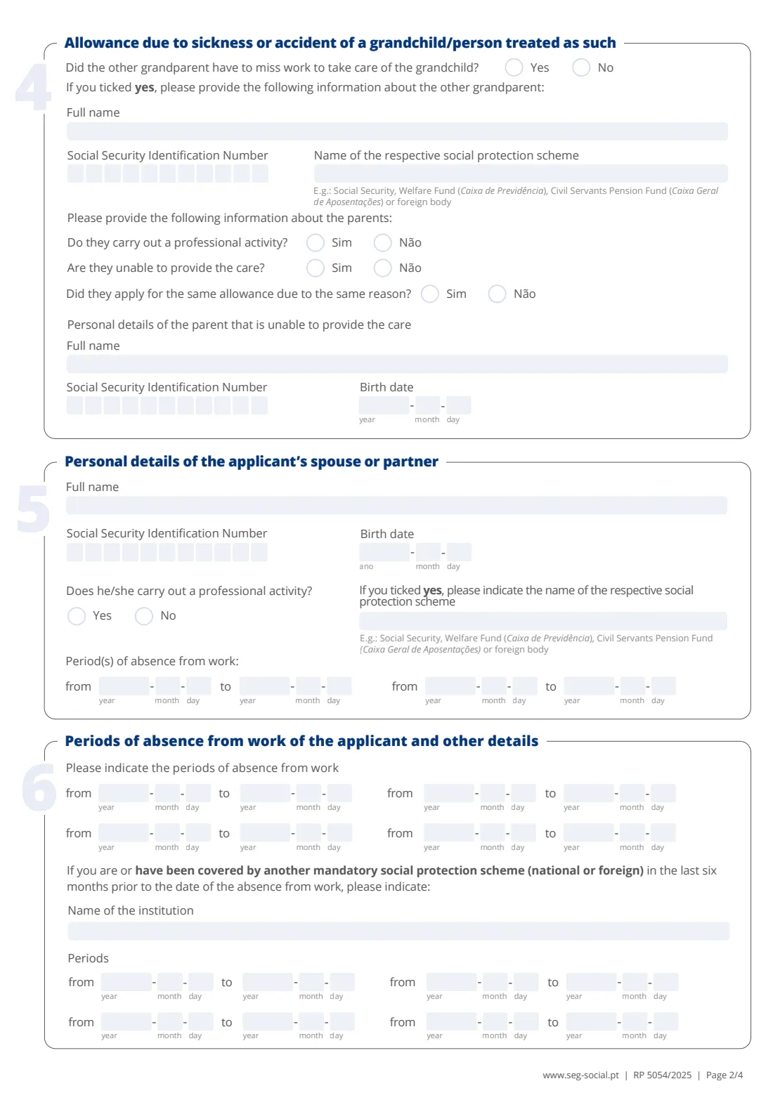 RP 5054 grandchild care allowance (2025) Application for the Grandchild Care Allowance (RP 5054) — Social Protection in Parenting — page 2 of 4