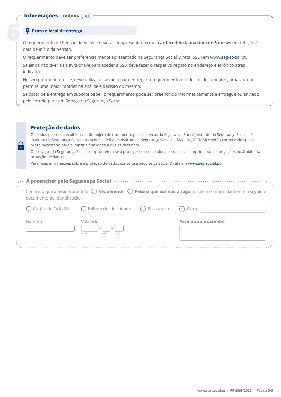 RP 5068 old-age pension claim (2025) Requerimento de Pensão de Velhice (RP 5068) — page 5 of 5