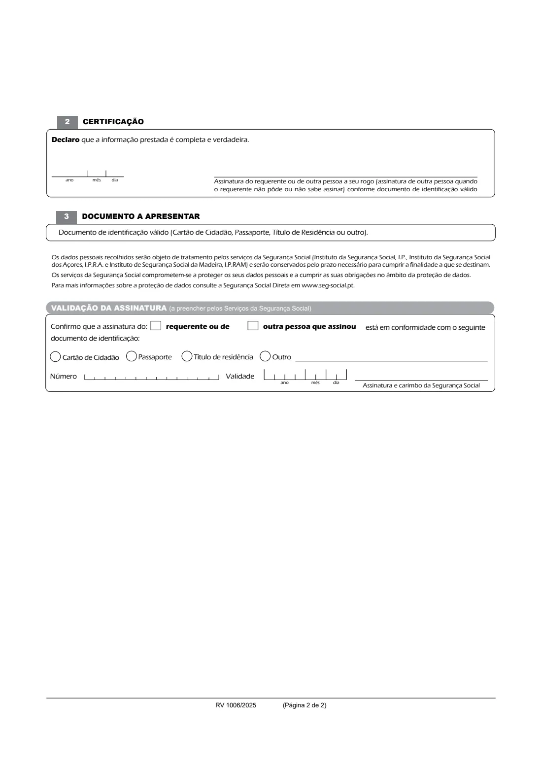 RV 1006 - NISS for a foreign citizen (2025) Requerimento - Atribuição de Número de Identificação de Segurança Social, cidadão estrangeiro (RV 1006) - application for a Portuguese social security number (NISS) for a foreign citizen — page 2 of 2