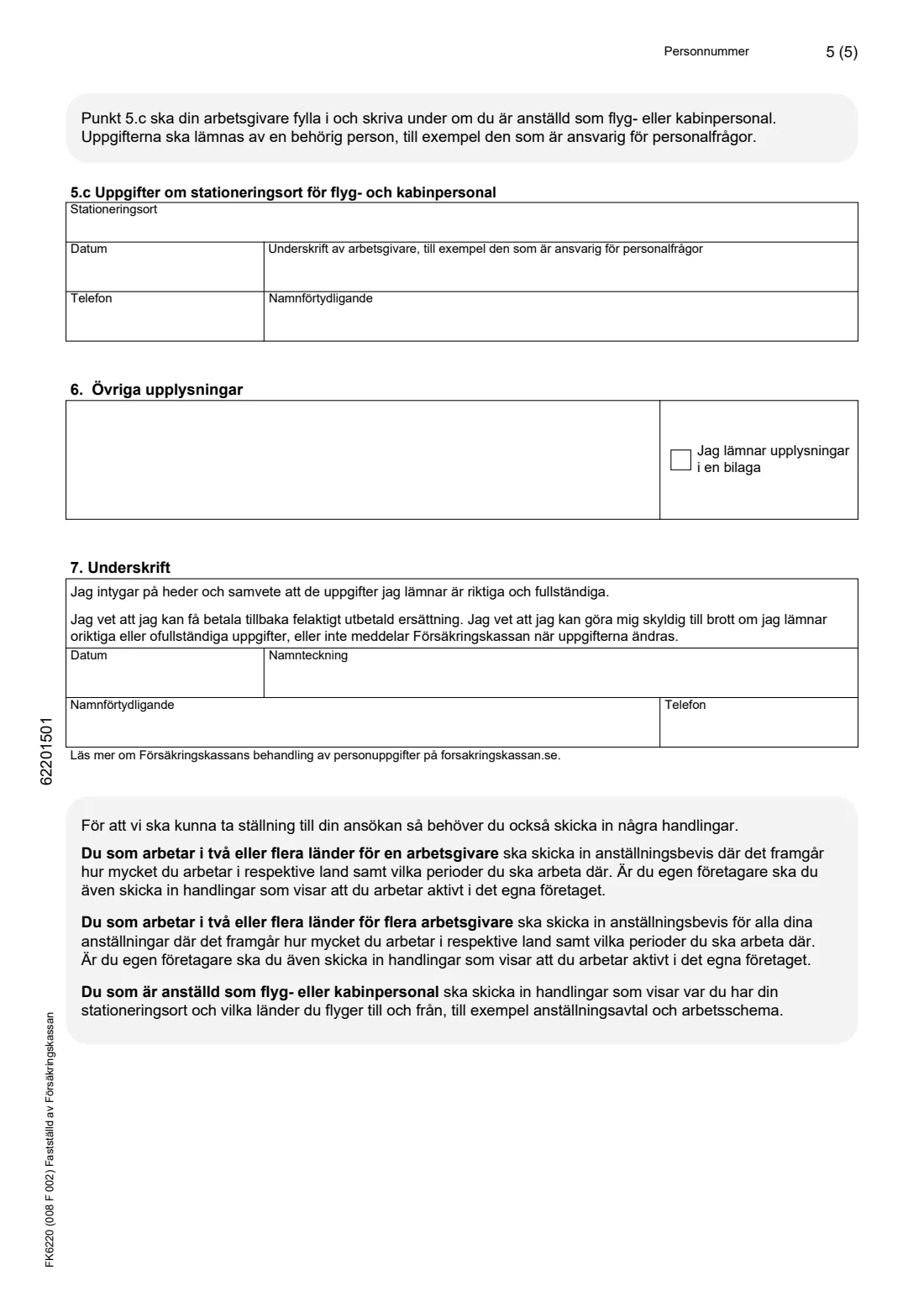 FK 6220 A1 certificate request (posted or multi-country work) (2026) Request for an A1 certificate or a certificate under a social security agreement (Begäran Intyg A1 eller intyg enligt socialförsäkringsavtal, FK 6220) — page 5 of 5