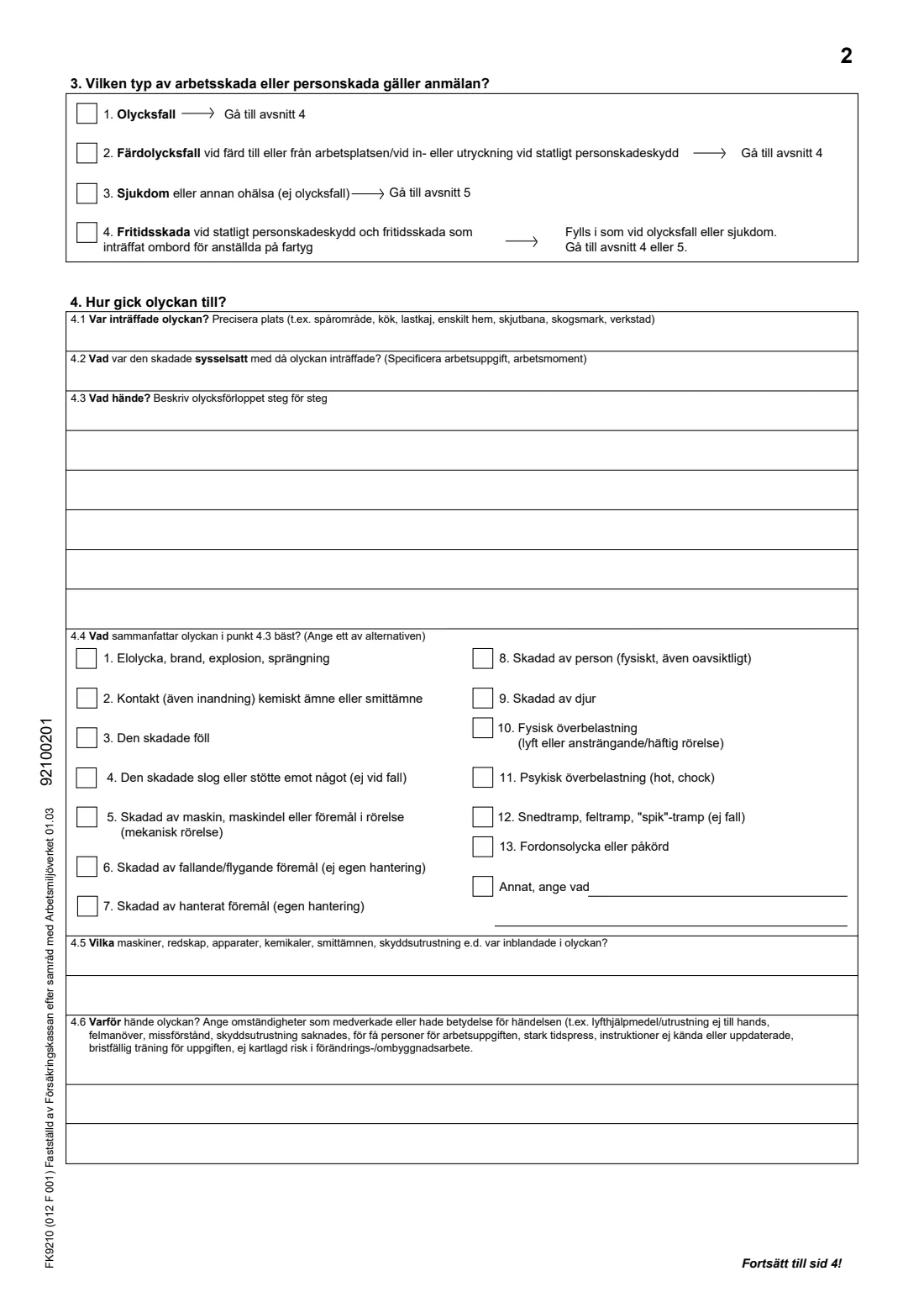 FK 9210 - Work injury report (arbetsskada) (2026) Anmälan - arbetsskada - personskada (FK 9210) — page 2 of 4