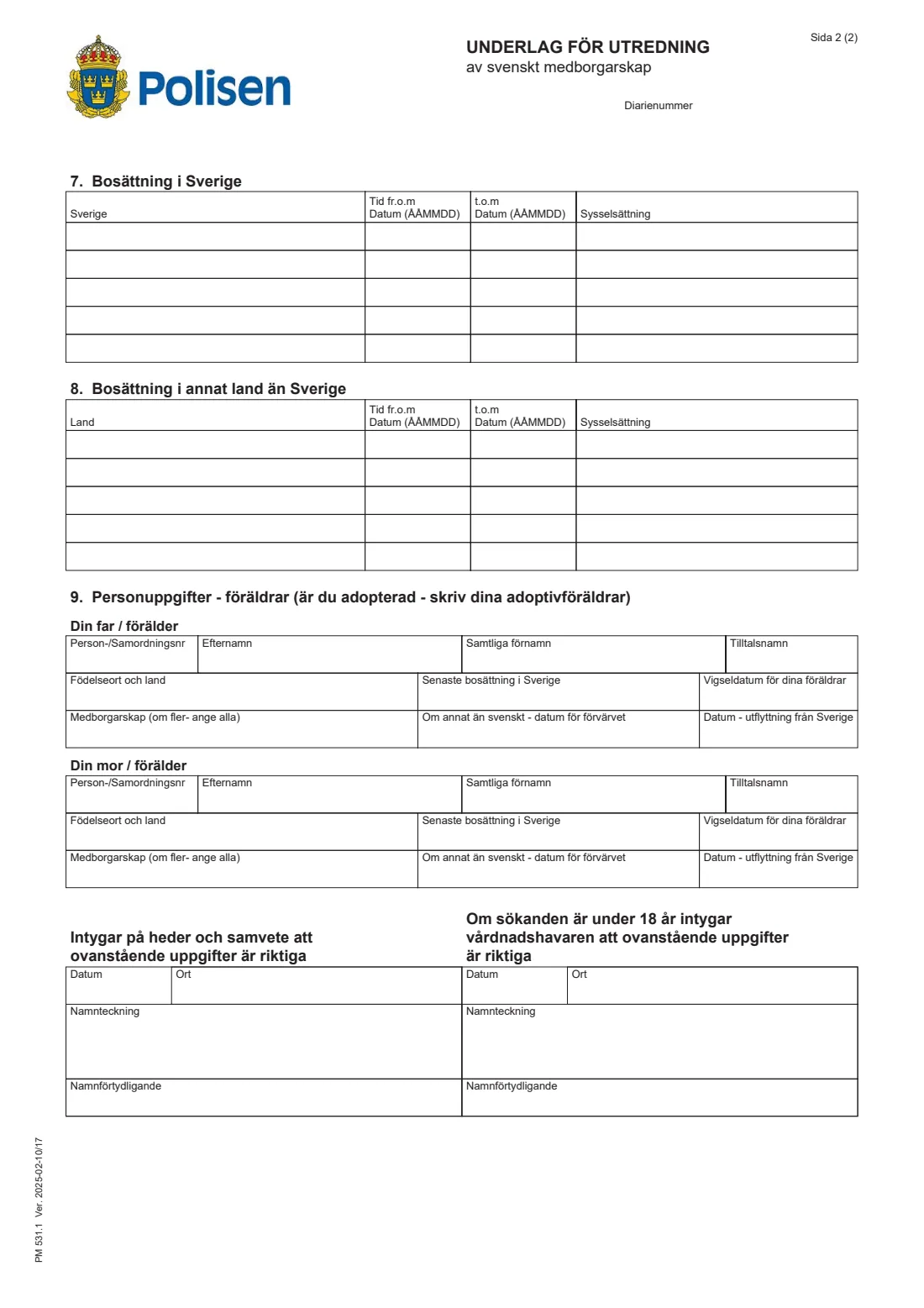 PM 531.1 - Swedish citizenship check (passport from abroad) (2025) Underlag för utredning av svenskt medborgarskap (PM 531.1) — page 2 of 2