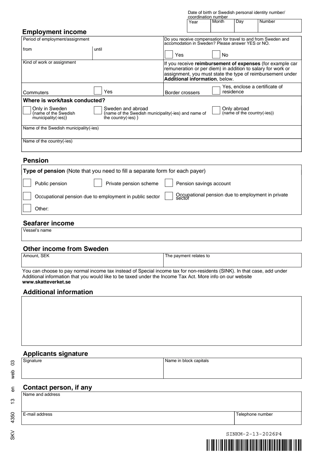 SKV 4350 - SINK application (special income tax for non-residents) 2026 (2026) Application - Special income tax for non-residents (SKV 4350, Ansökan om särskild inkomstskatt för utomlands bosatta) — page 2 of 2