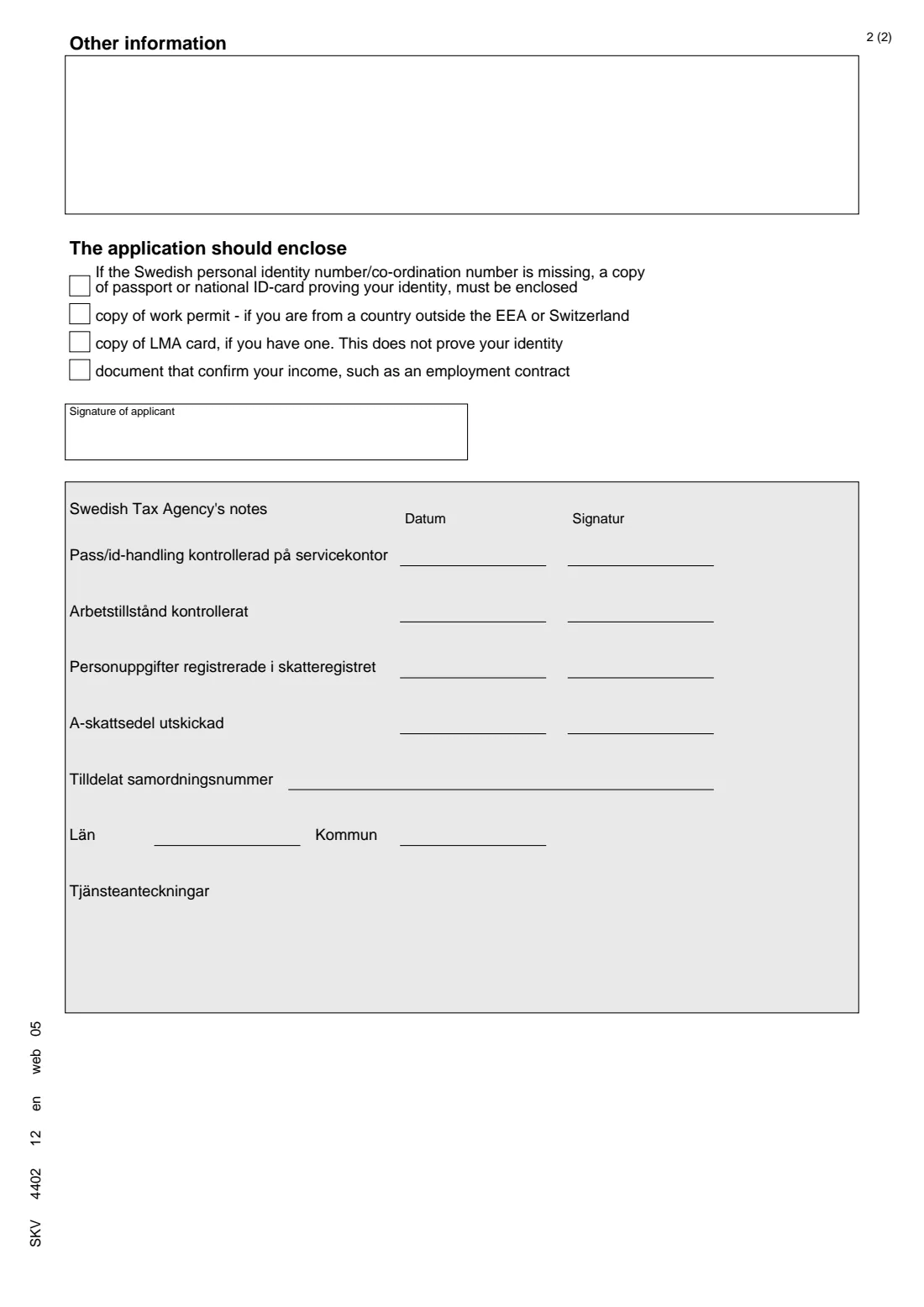 SKV 4402 - Preliminary tax notification for foreign workers (2026) Notification for preliminary tax (Anmälan om preliminär A-skatt) — SKV 4402 — page 2 of 2