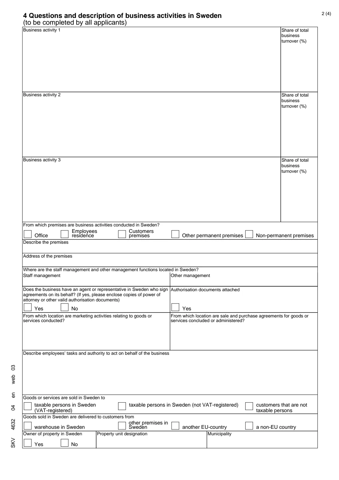 SKV 4632 - Tax application for foreign businesses (2026) Tax application – limited tax liability in Sweden (Skatteanmälan för utländska företagare) — SKV 4632 — page 2 of 4