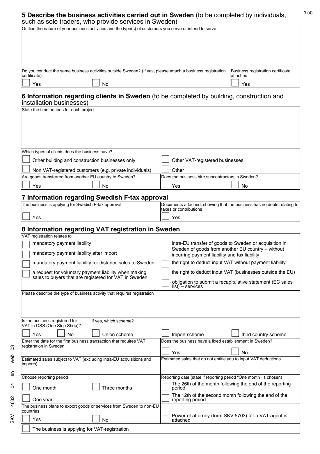 SKV 4632 - Tax application for foreign businesses (2026) Tax application – limited tax liability in Sweden (Skatteanmälan för utländska företagare) — SKV 4632 — page 3 of 4