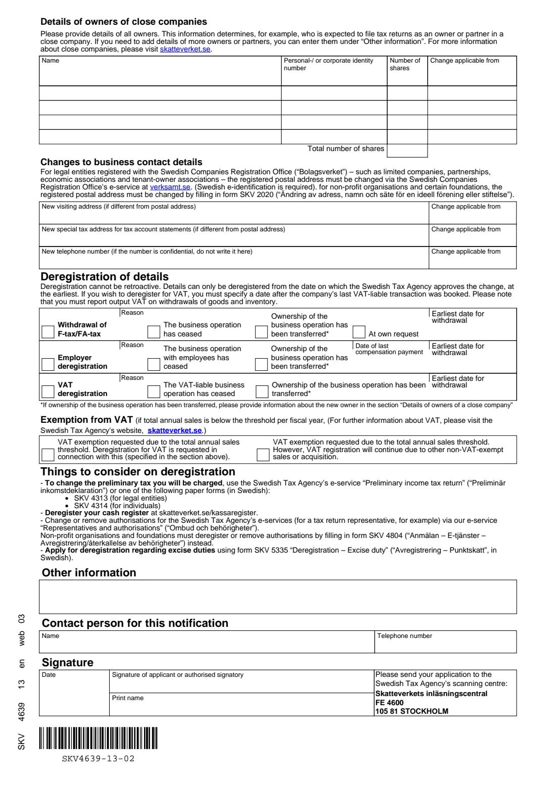 SKV 4639 - Notification of changes (business registration) (2026) Notification of changes: change to details and deregistration (Ändringsanmälan) — SKV 4639 — page 2 of 2