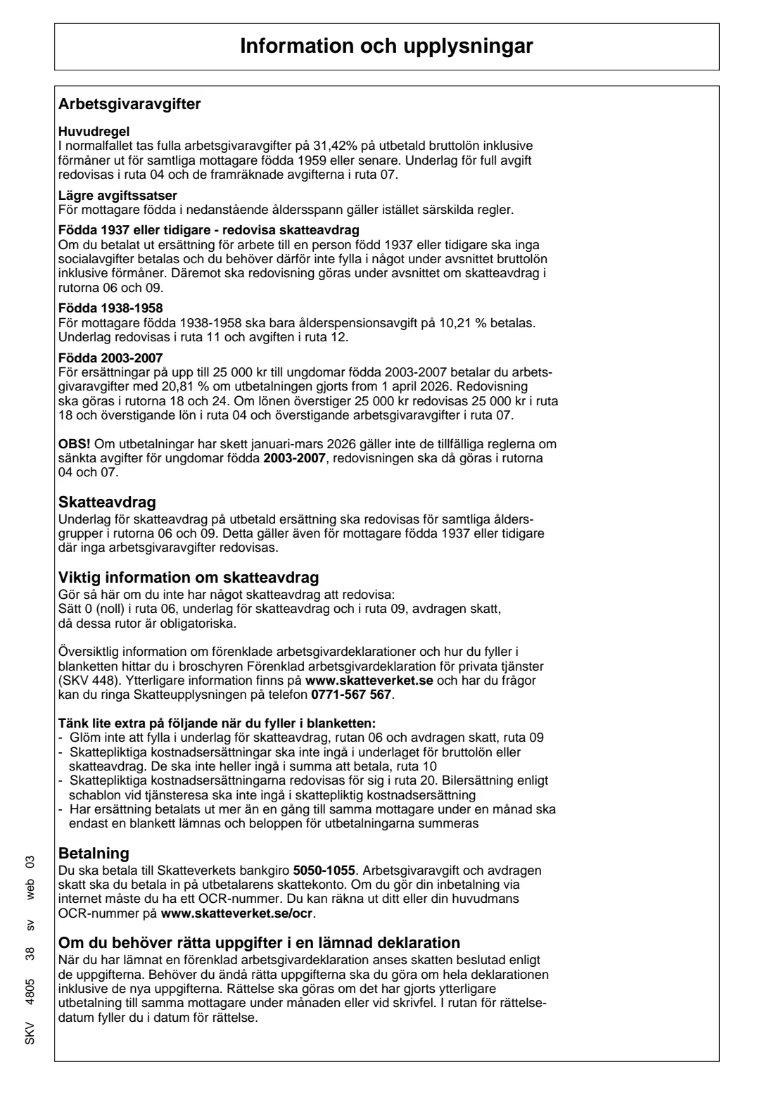 SKV 4805 - Simplified employer return 2026 (2026) Simplified employer return 2026 for private payers (Förenklad arbetsgivardeklaration) — SKV 4805 — page 2 of 2