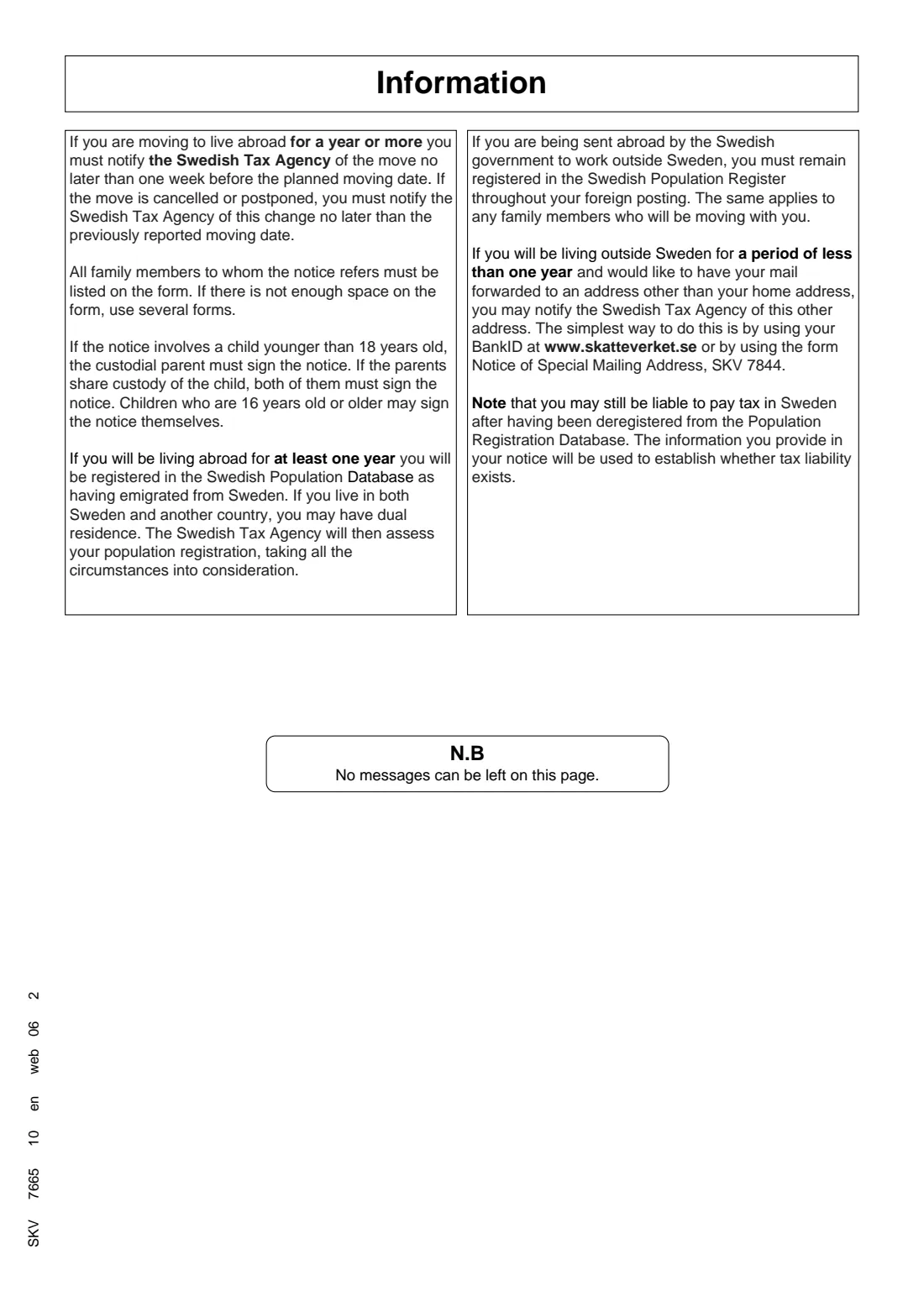 SKV 7665 - Moving abroad notification (2026) Moving Abroad Notification (Anmälan - Flyttning från Sverige) — SKV 7665 — page 2 of 2