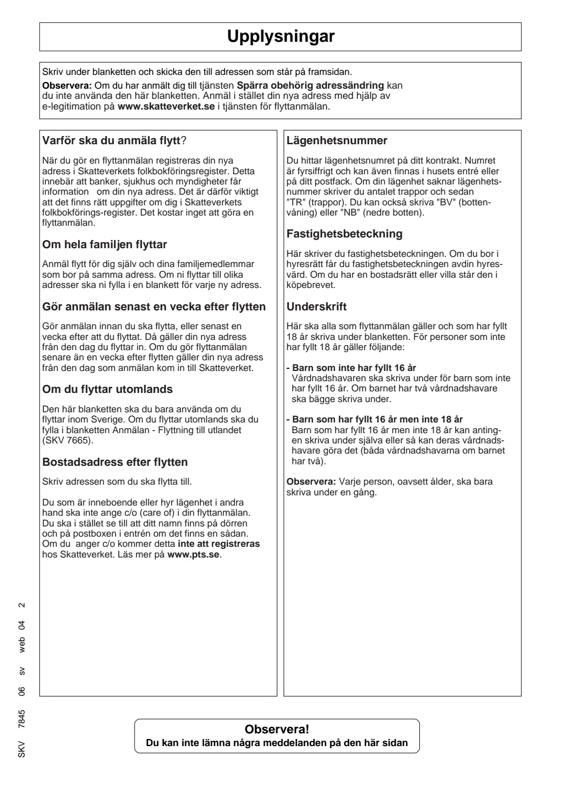 SKV 7845 - Moving within Sweden (2026) Notification of a move within Sweden (Flyttning inom Sverige - Anmälan) — SKV 7845 — page 2 of 2