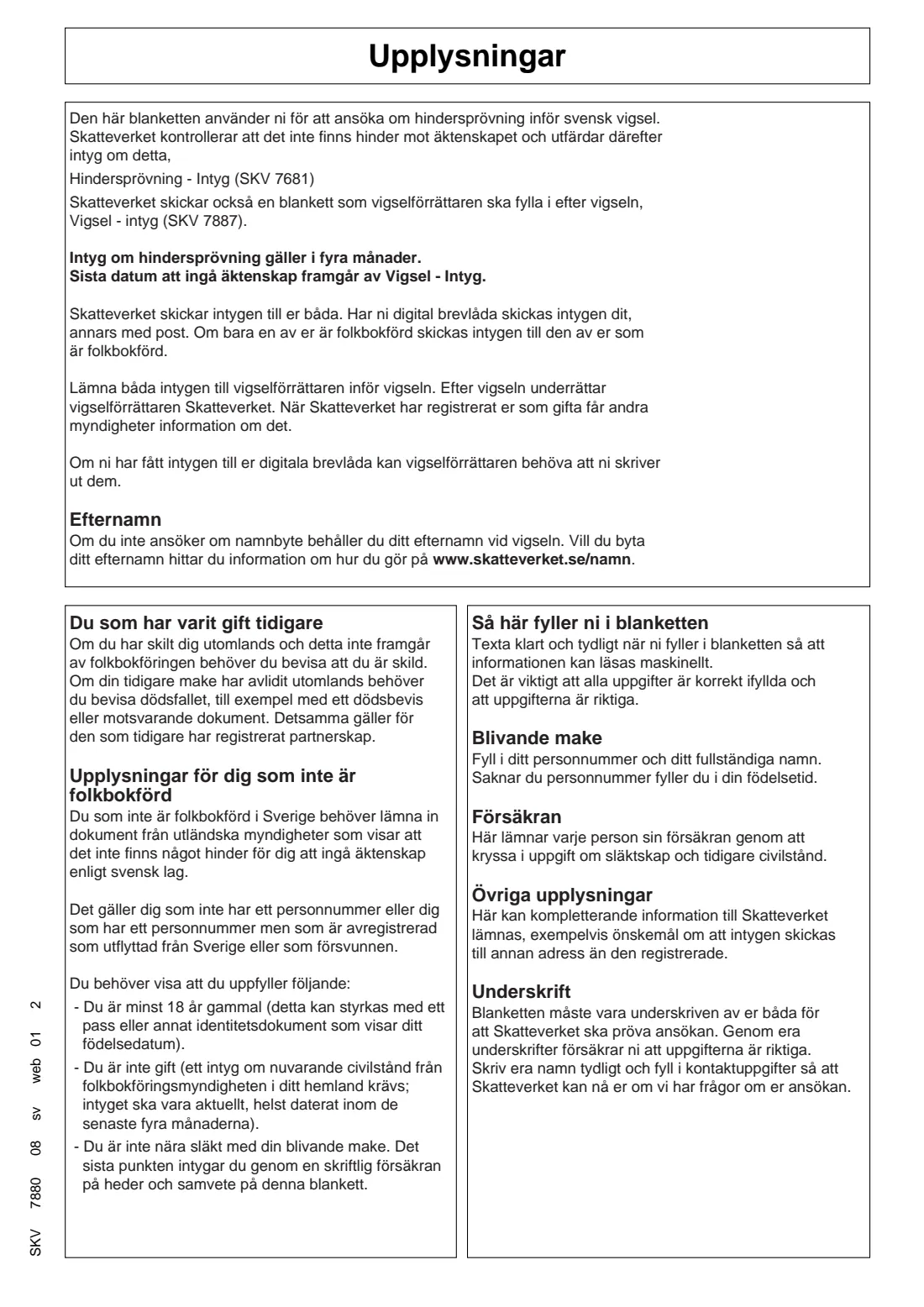 SKV 7880 - Marriage impediment examination (hindersprövning) (2026) Marriage impediment examination: application and declaration (Hindersprövning - Ansökan och försäkran) — SKV 7880 — page 2 of 2