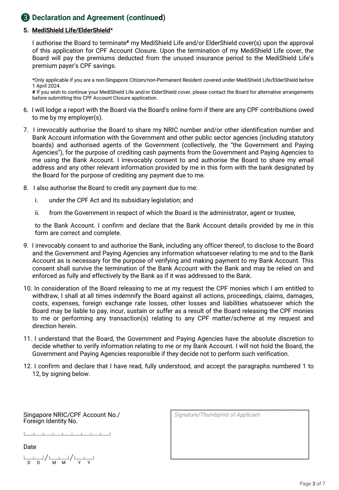 Form CPF-CA (2026) CPF Account Closure for non-Singapore Citizens and non-Permanent Residents — page 3 of 7
