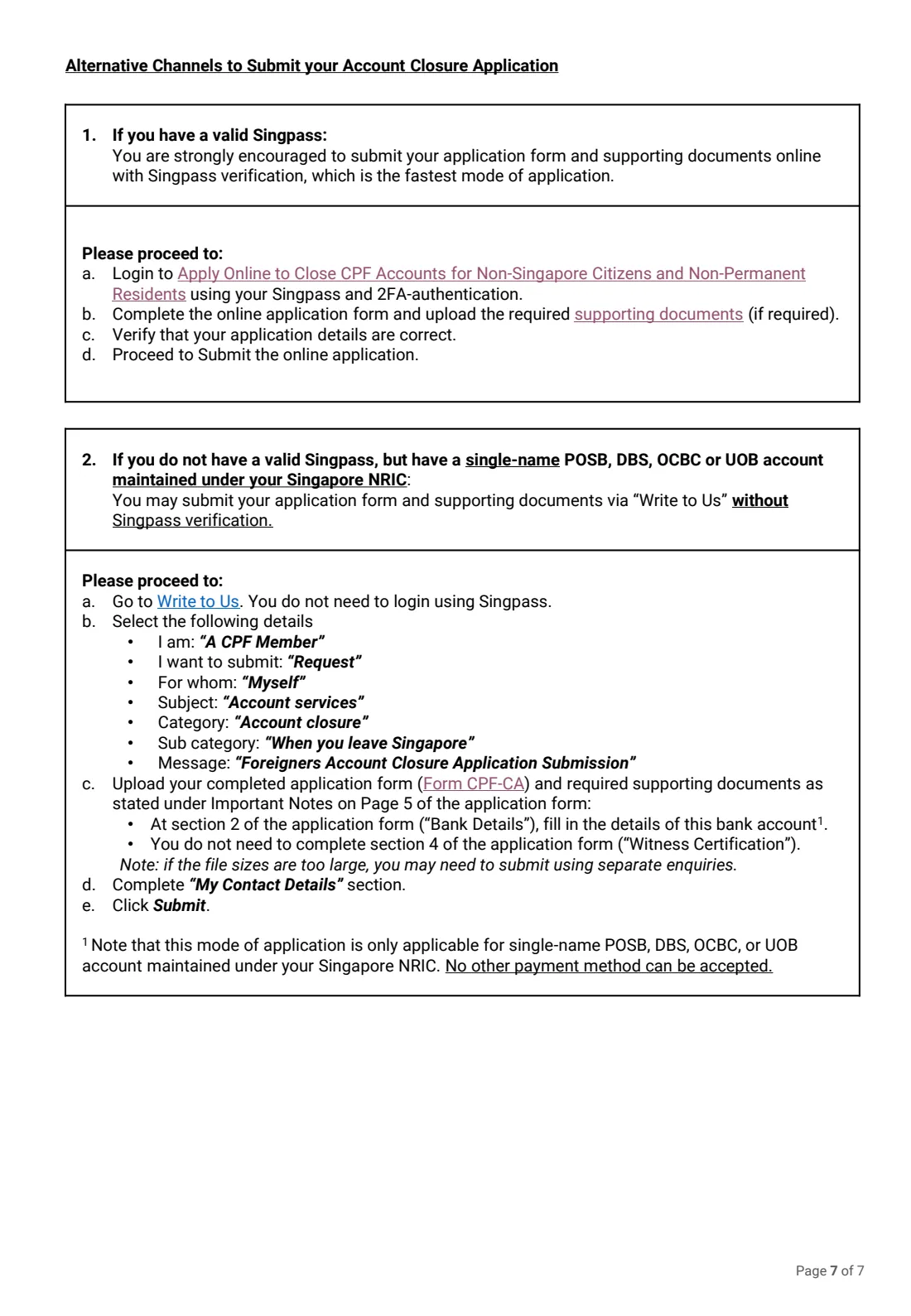 Form CPF-CA (2026) CPF Account Closure for non-Singapore Citizens and non-Permanent Residents — page 7 of 7