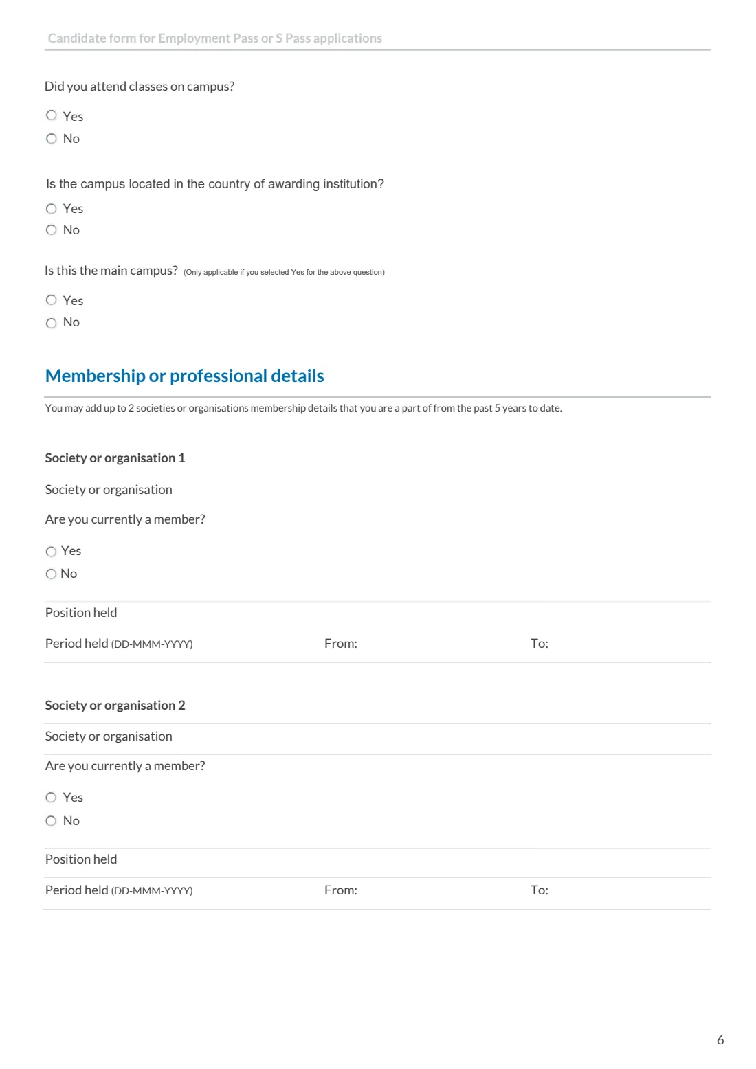 MOM candidate's form (EP / S Pass) (2026) Candidate's form for Employment Pass or S Pass applications — page 6 of 7