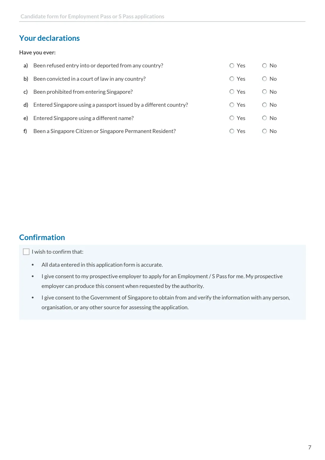 MOM candidate's form (EP / S Pass) (2026) Candidate's form for Employment Pass or S Pass applications — page 7 of 7