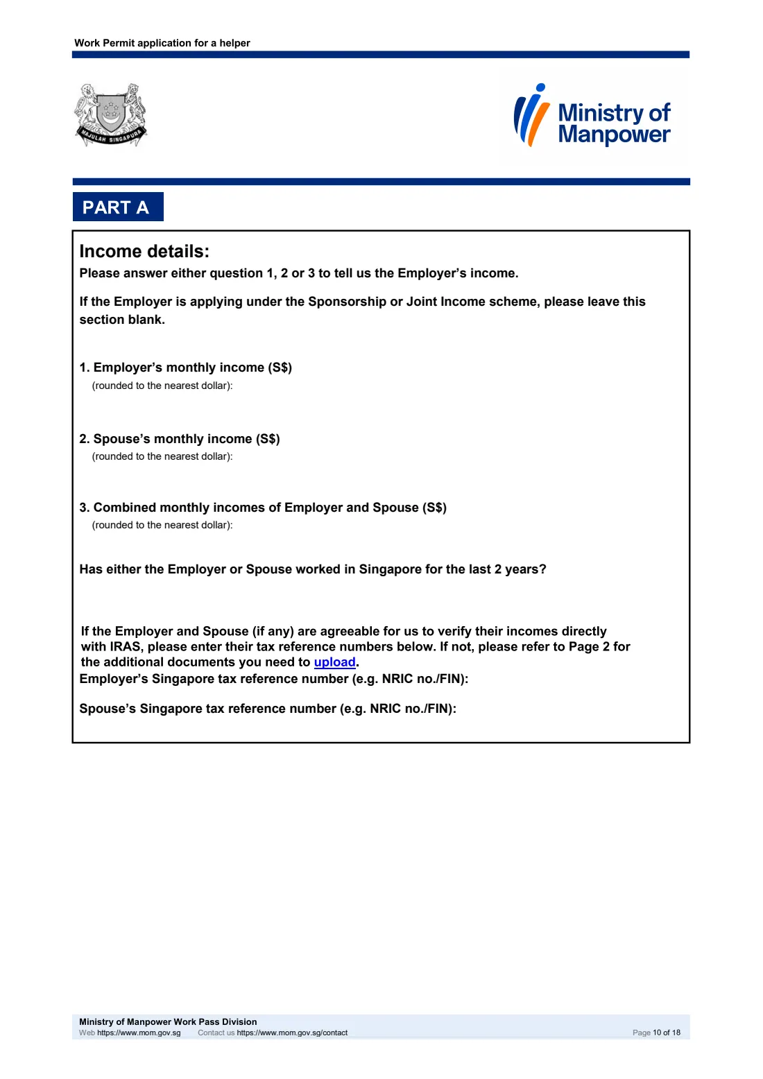 MOM Work Permit application for a helper (2026) Work Permit application for a helper (migrant domestic worker), including the Sponsorship and Joint Income schemes — page 10 of 18