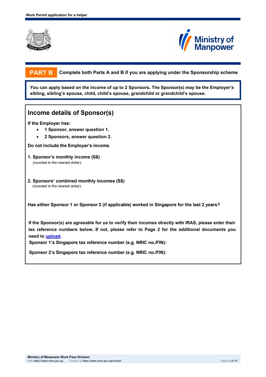 MOM Work Permit application for a helper (2026) Work Permit application for a helper (migrant domestic worker), including the Sponsorship and Joint Income schemes — page 11 of 18