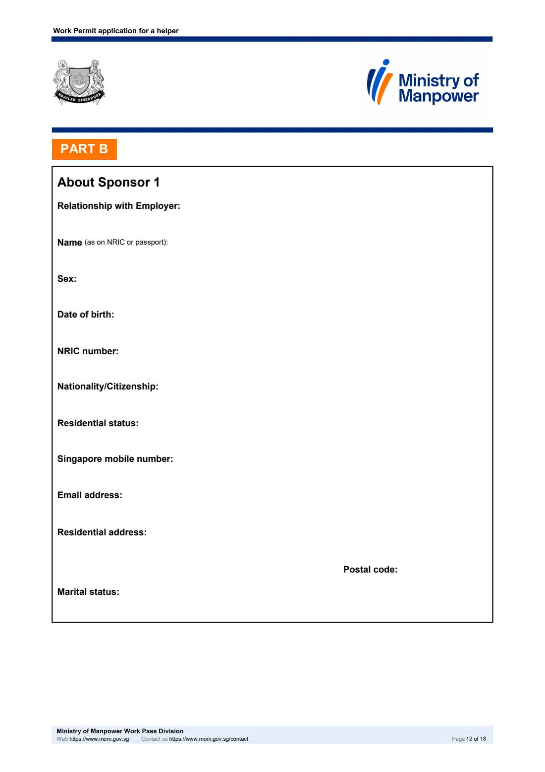 MOM Work Permit application for a helper (2026) Work Permit application for a helper (migrant domestic worker), including the Sponsorship and Joint Income schemes — page 12 of 18