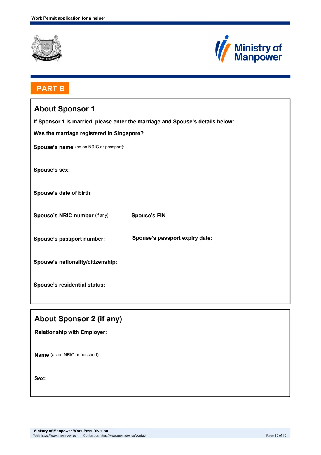 MOM Work Permit application for a helper (2026) Work Permit application for a helper (migrant domestic worker), including the Sponsorship and Joint Income schemes — page 13 of 18