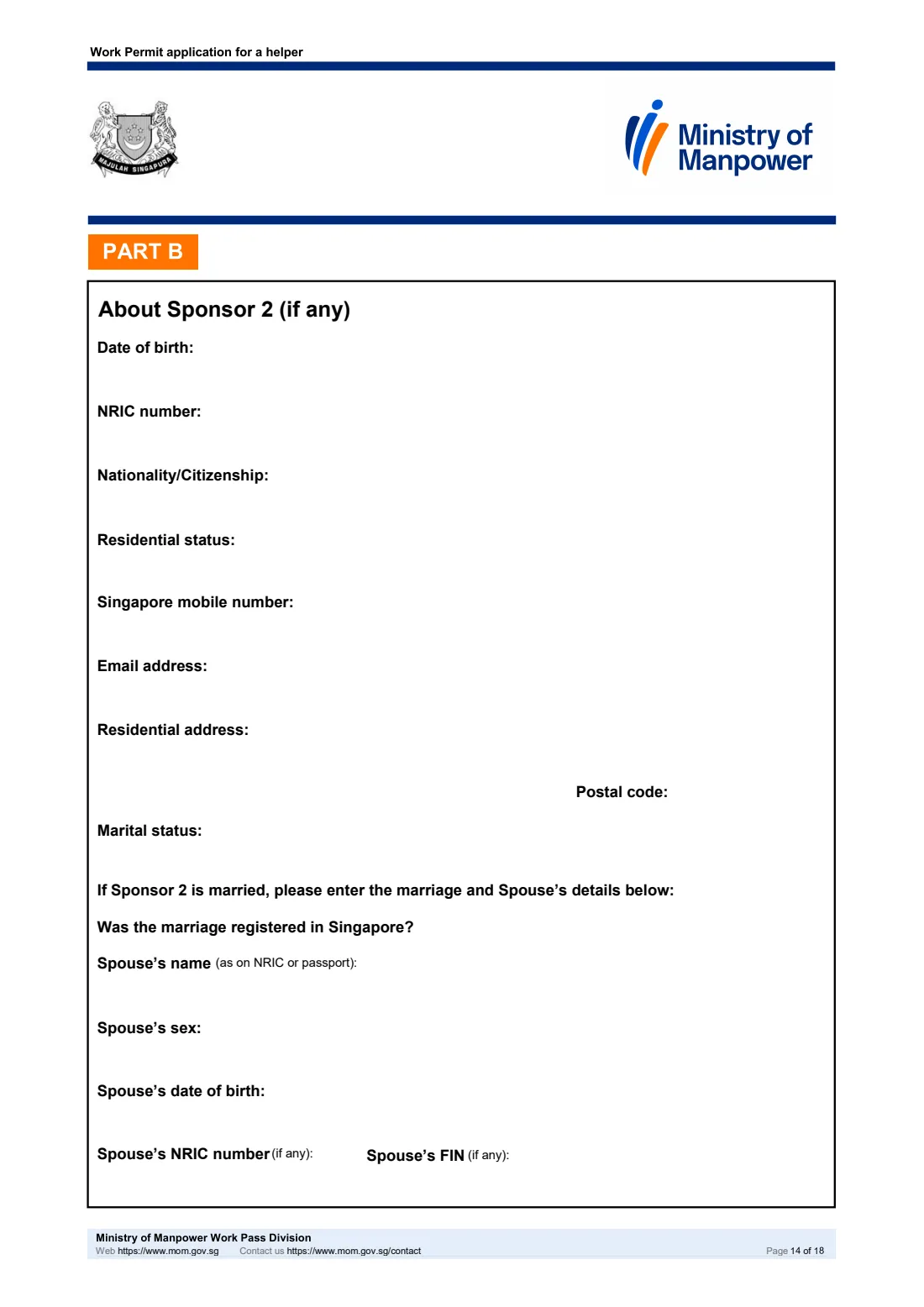 MOM Work Permit application for a helper (2026) Work Permit application for a helper (migrant domestic worker), including the Sponsorship and Joint Income schemes — page 14 of 18