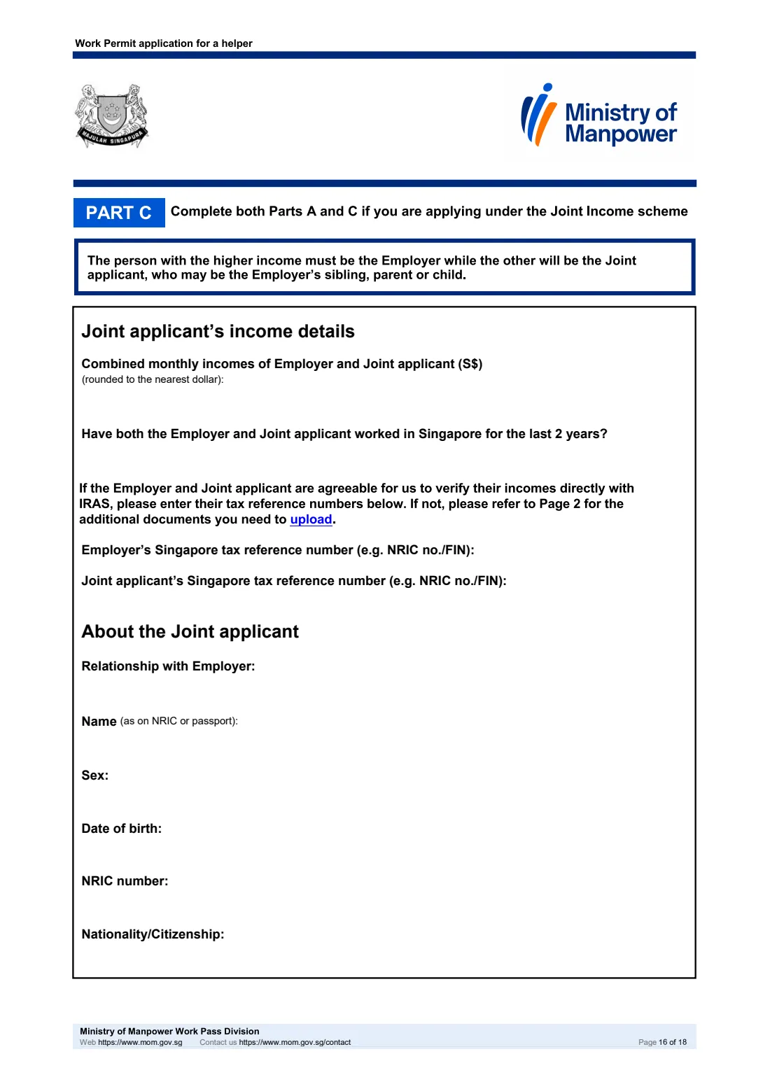 MOM Work Permit application for a helper (2026) Work Permit application for a helper (migrant domestic worker), including the Sponsorship and Joint Income schemes — page 16 of 18